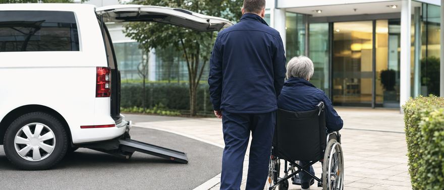 Ein Fahrer begleitet einen Menschen im Rollstuhl vom Van zum Eingang einer Klinik.