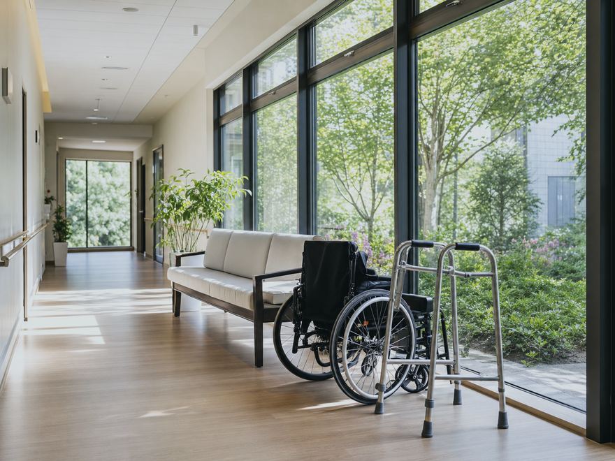 Heller Flur einer Rehaklinik mit Blick in den Garten, Rollstuhl und Gehhilfe neben einer Bank.